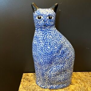 Vintage Enesco Ceramic Glazed Blue & White Spongeware Sitting Cat Statue Taiwan